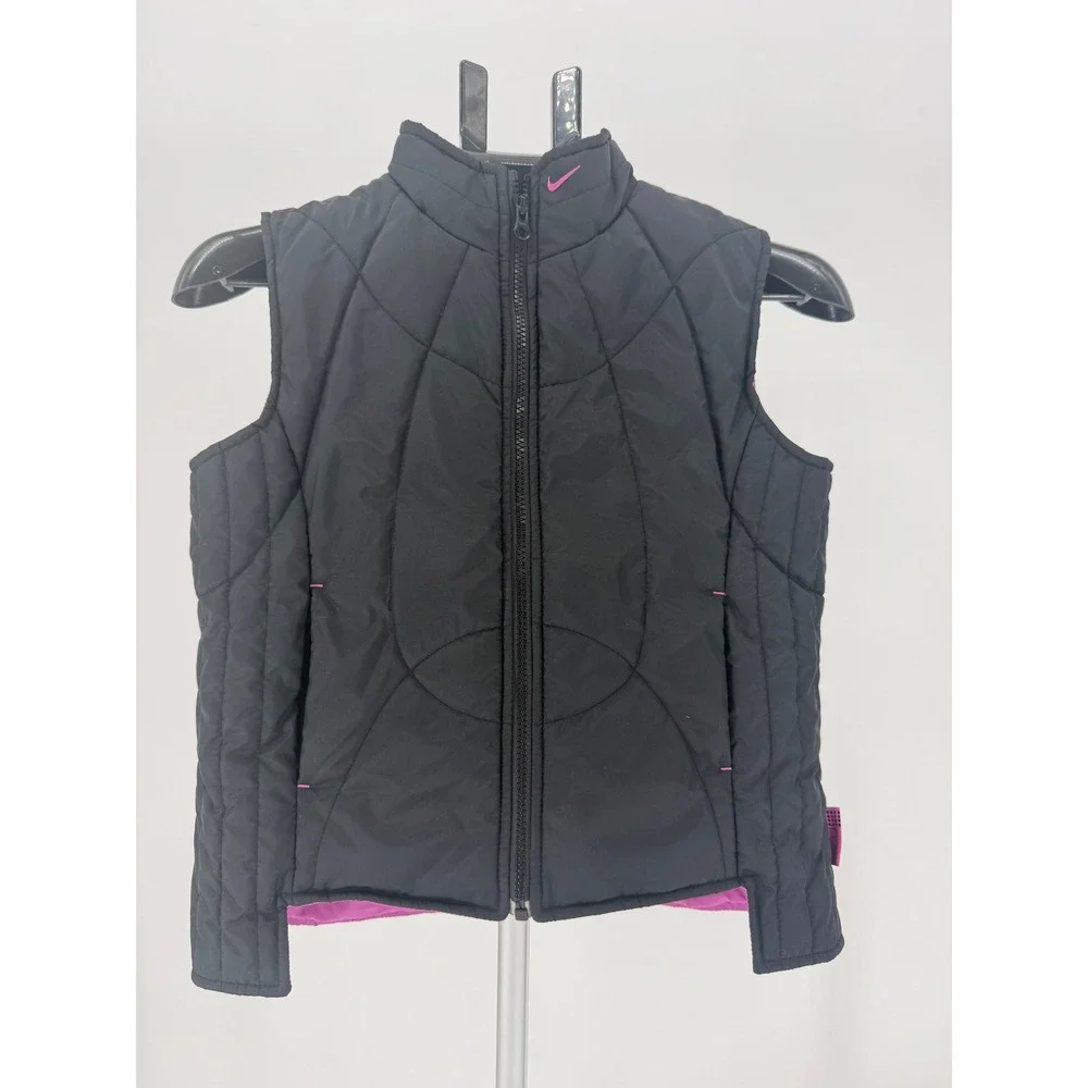 Nike Kids Quilted Puffer Vest Black Pink Logo Zip Up Sleeveless Jacket Size L - Picture 1 of 8